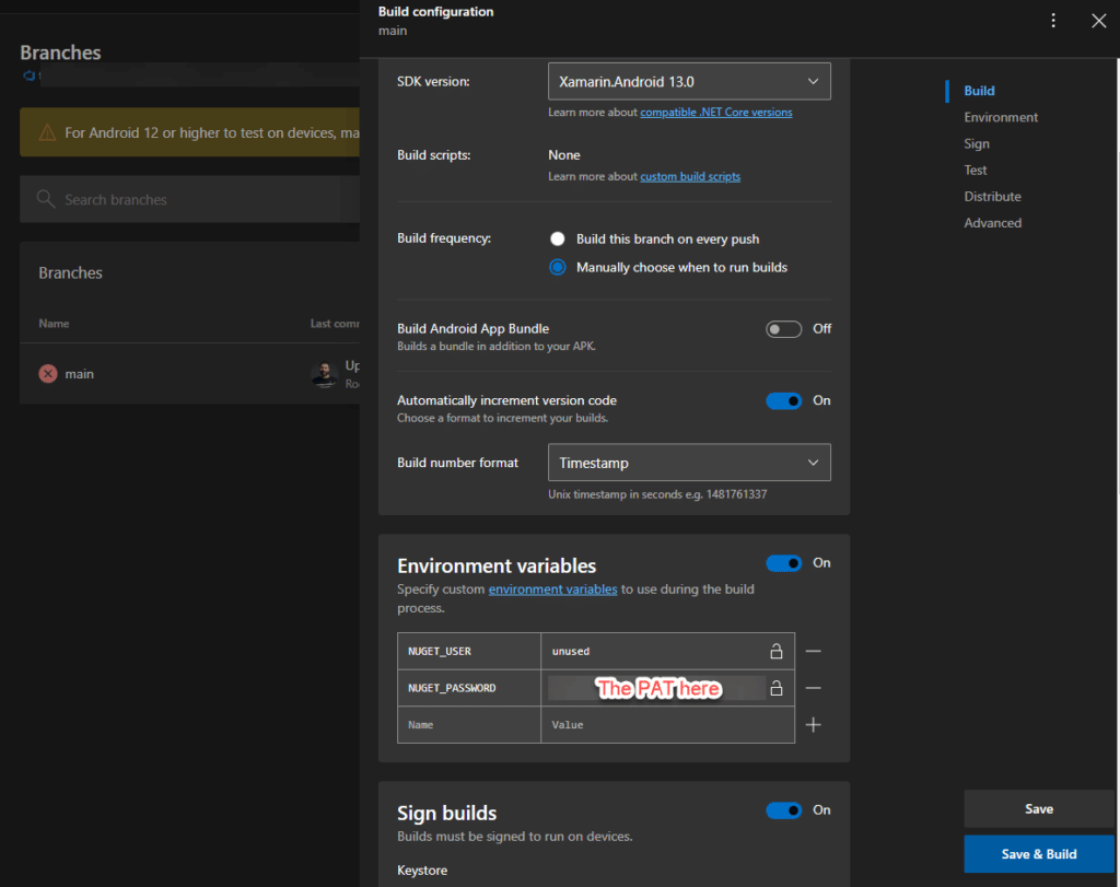 Paste the PAT in as an environment variable