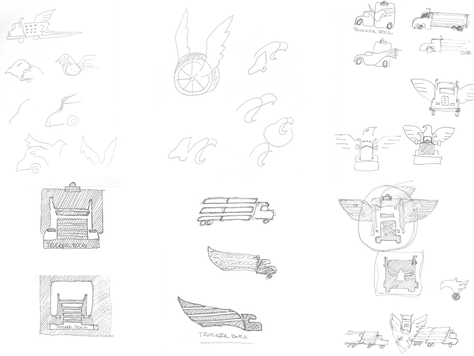 Sketches of various logo concepts for a trucker app, drawn on paper with pencil and pen, showing iterative design process.