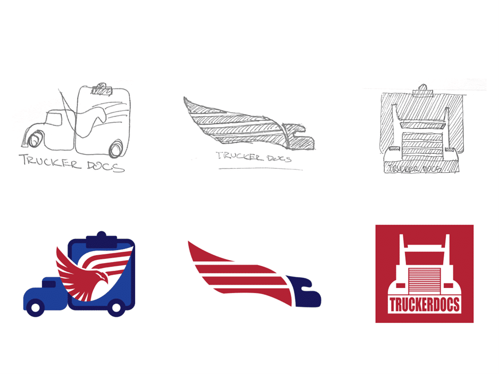 Sketches and digital versions of logo iterations for a trucker app. Designs include truck-related icons and typography variations on a white background.