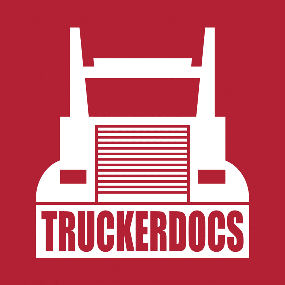 Logo for an app that helps truckers featuring a black silhouette of a big rig truck over a red background with the app's name in red text.