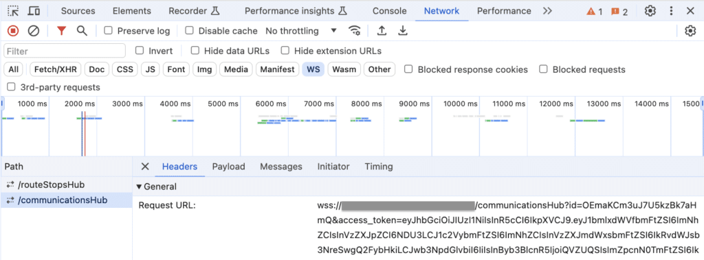 Chrome DevTools Network WS panel