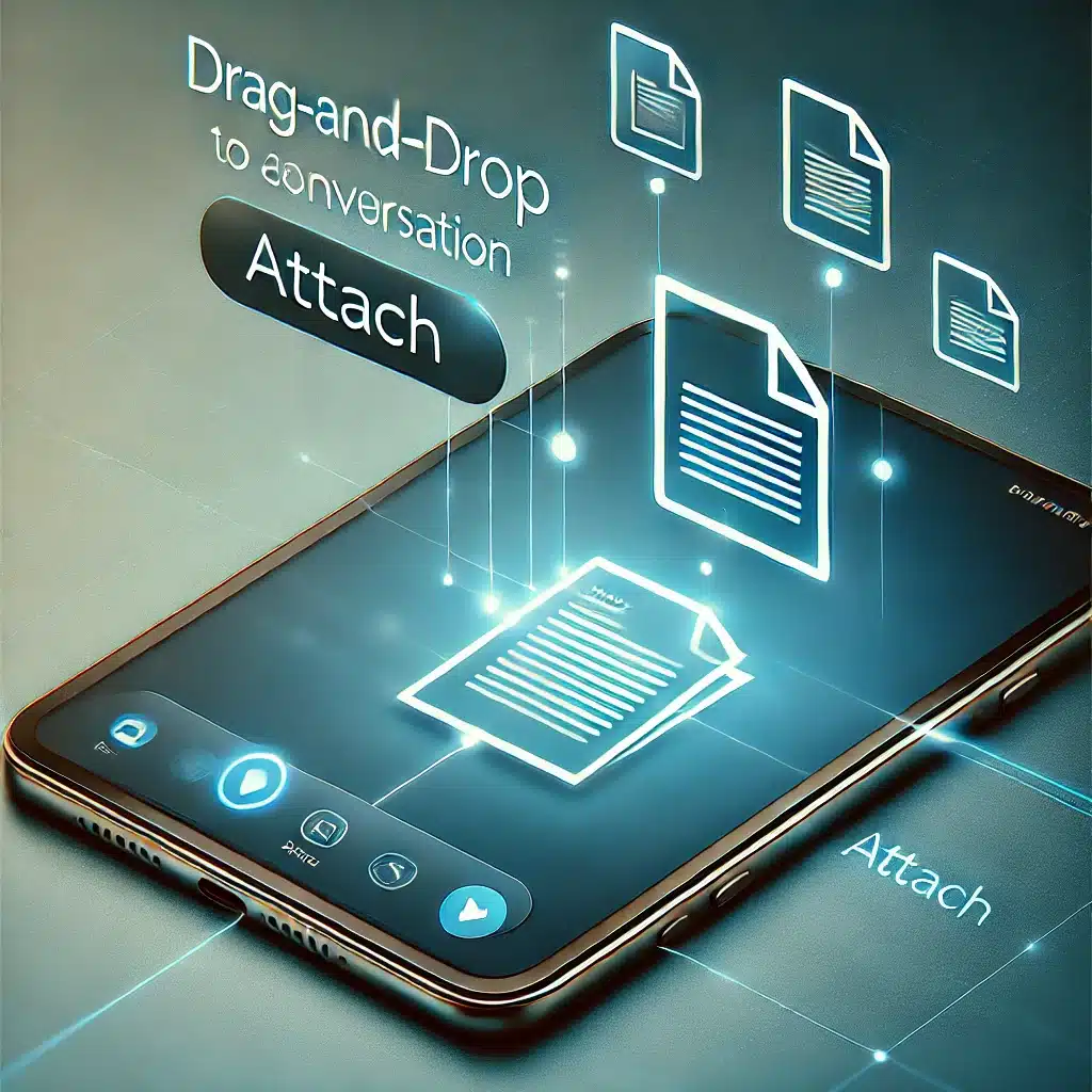 Modern user interface with a drag-and-drop feature and an 'Attach' button highlighted, showing digital paper icons floating towards a chat window, symbolizing the seamless addition of documents to conversations.